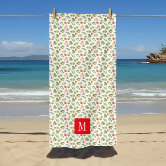 ピンクモノグラムののトロピカルパ葉ーム模様 ビーチタオル