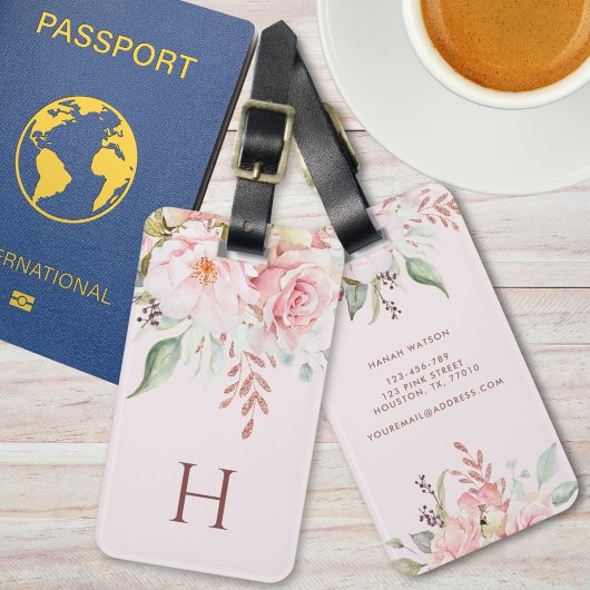 ピンクモノグラムののバラと牡丹フローラブーケ ラゲッジタグ