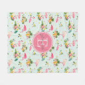 ピンクモノグラムののフラミンゴ熱帯植物のパターン フリースブランケット (正面(横))