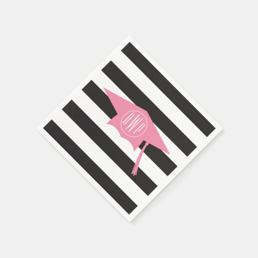 ピンクモノグラムのの卒業式キャップ+黒ストライプ色 スタンダードカクテルナプキン (角)