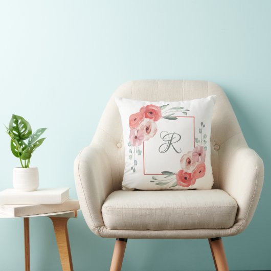ピンクモノグラムのの珊瑚と白の緑のフローラ クッション (椅子)