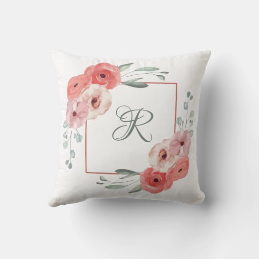 ピンクモノグラムのの珊瑚と白の緑のフローラ クッション (裏面)