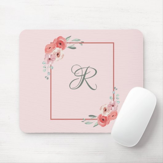 ピンクモノグラムのの珊瑚と白の緑のフローラ マウスパッド (マウス)
