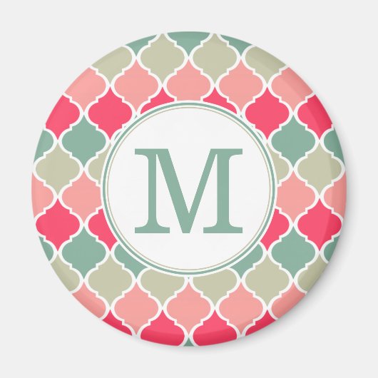 ピンクモノグラムのの緑のモロッコ格子パターン マグネット (正面)