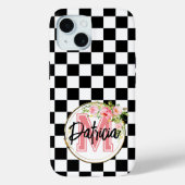 ピンクモノグラムのの花の白黒市松模様に Case-Mate iPhoneケース (裏面)