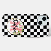 ピンクモノグラムのの花の白黒市松模様に Case-Mate iPhoneケース (裏面 (横))