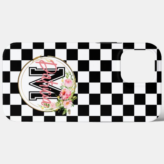 ピンクモノグラムのの花の白黒市松模様に Case-Mate iPhoneケース (裏面 (横))