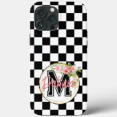ピンクモノグラムのの花の白黒市松模様に Case-Mate iPhoneケース (裏面)