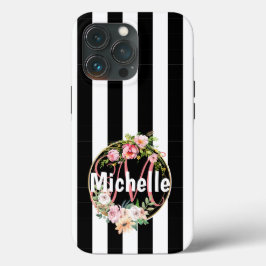 ピンクモノグラムのの花付きストライプ白黒 iPhone 13 PROケース