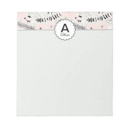 ピンクモノグラムのグレイ黒いパターン（の模様が）ある花 ノートパッド