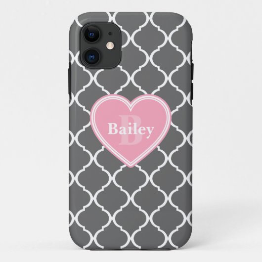 ピンクモノグラムのハートグレーモロッコラティス Case-Mate iPhoneケース (裏面)