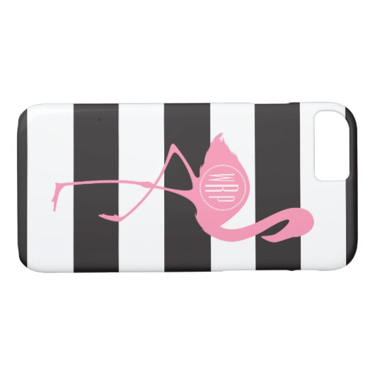 ピンクモノグラムのフラミンゴ+黒+白ストライプ色 Case-Mate iPhoneケース (裏面(横))