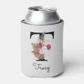 ピンクモノグラムのフローライニシャルT 缶クーラー (缶正面)