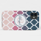 ピンクモノグラムのブルーモロッコ格子パターン Case-Mate iPhoneケース (裏面(横))