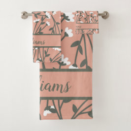 ピンクモノグラムのホワイトグリーンフローラ バスタオルセット
