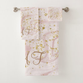 ピンクモノグラムのホワイトマーブルスワール金ゴールドグリッター バスタオルセット