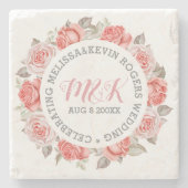 ピンクモノグラムのローズリース結婚ズテンプレート ストーンコースター (正面)