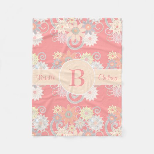 ピンクモノグラムの水彩画の花を個人化して下さい フリースブランケット (正面)