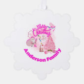 ピンクモノグラムの色のクリスマス |スノーフレーク オーナメントカード (正面)