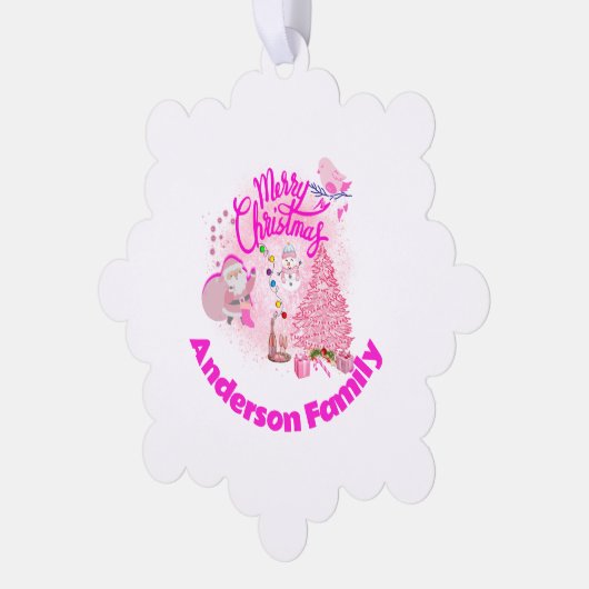 ピンクモノグラムの色のクリスマス |スノーフレーク オーナメントカード (左)