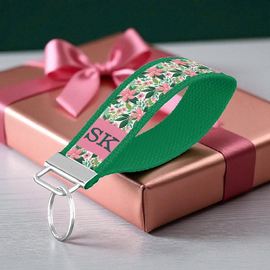 ピンクモノグラムの&グリーン熱帯花キーチェーン リストバンドキーホルダー