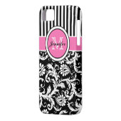 ピンクモノグラムの、ブラック、ホワイトストライプのダマスク Case-Mate iPhoneケース (裏面左)