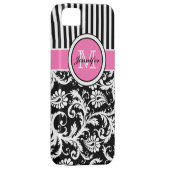ピンクモノグラムの、ブラック、ホワイトストライプのダマスク Case-Mate iPhoneケース (裏面/右)