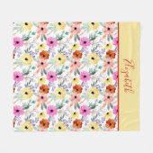 ピンクモノグラムの、赤、黄色のフローラ緑 フリースブランケット (正面(横))