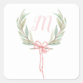 ピンクモノグラムイニシャルローレルクレストステッカー スクエアシール (正面)