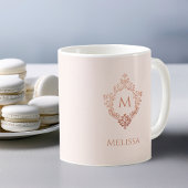 ピンクモノグラムバラエレガントヴィンテージクレスト名 コーヒーマグカップ