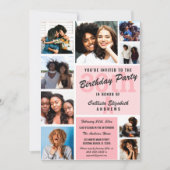 ピンクモノグラムフォトコラージュハッピーバースデー 招待状 (正面)