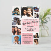 ピンクモノグラムフォトコラージュハッピーバースデー 招待状 (スタンド正面)