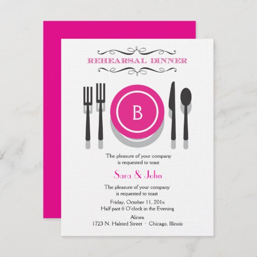 ピンクモノグラムリハーサルディナー招待状 招待状 (正面/裏面)