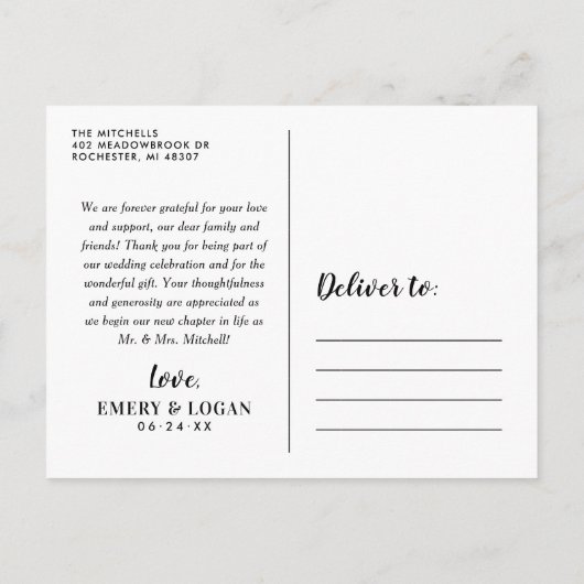 ピンクモノグラム結婚のフォトコラージュありがとう ポストカード (裏面)