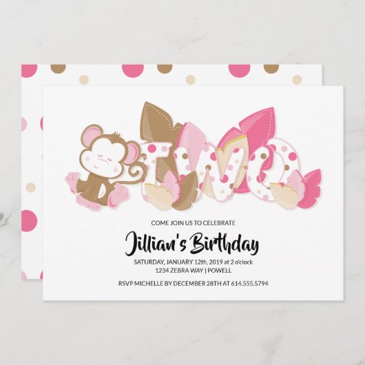 ピンクモンキーの2回目の誕生日パーティーの招待 招待状 (正面/裏面)