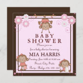 ピンクモンキーベビーシャワー招待状 招待状 (正面/裏面)