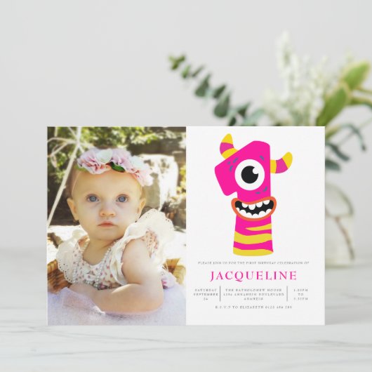 ピンクモンスターガールズ1st誕生日パーティー写真 招待状 (スタンド正面)