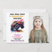 ピンクモンスタートラック誕生日招待状写真 招待状 (正面)