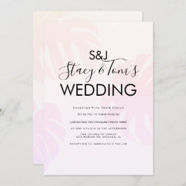 ピンクモンステラ手描きボタニカル結婚ズ 招待状