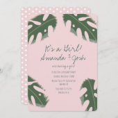 ピンクモンステラ熱帯ドット女の子ベビーシャワー 招待状 (正面/裏面)