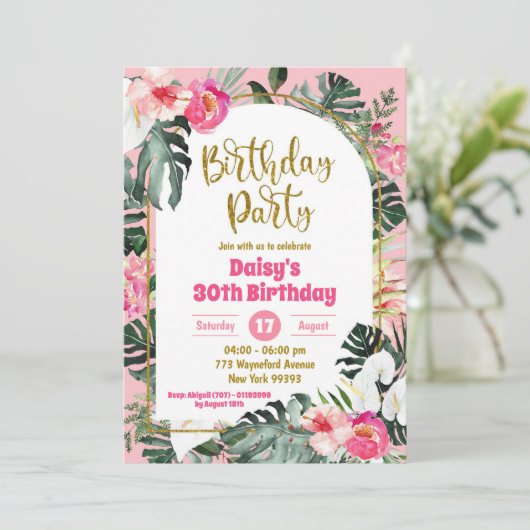 ピンクモンステラ熱帯ハワイアン誕生日パーティー 招待状 (スタンド正面)