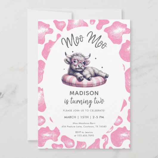 ピンクモークモーかわいい牛の女の子2nd誕生日 招待状 (正面)