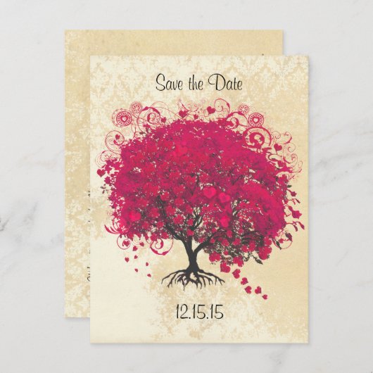 ピンクヤローハートリーフツリー結婚式の日付を保存 案内ポストカード (正面/裏面)