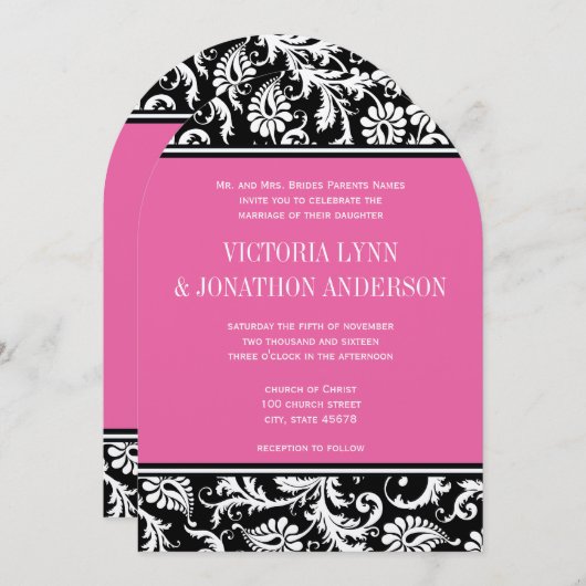 ピンクヤローモノグラムフローラダマスクウェディング 招待状 (正面/裏面)