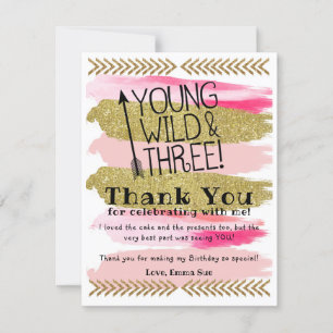 ピンクヤングWild & Three誕生日サンキューカード 招待状