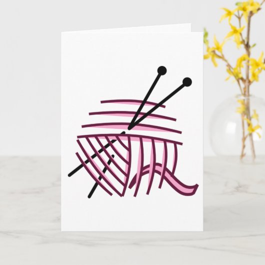 ピンクヤーンおよび編み物針の挨拶状 カード (黄色い花)