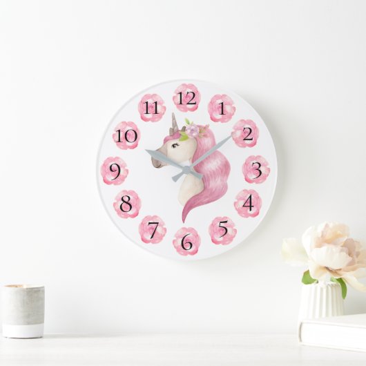 ピンクユニコーンかわいらしパガーリーステルフローラ ラージ壁時計 (ホーム)