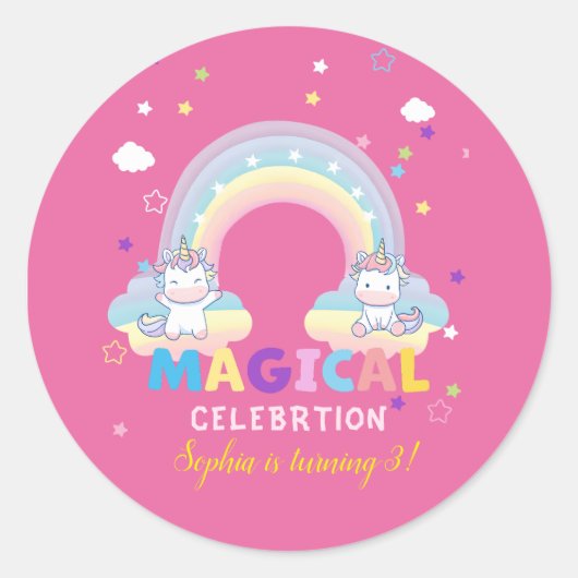 ピンクユニコーンのお祝いステッカー ラウンドシール (正面)