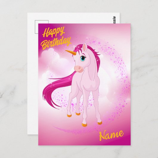 ピンクユニコーンはがき – パーソナライズされた誕生日プレゼント ポストカード (正面/裏面)