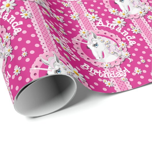 ピンクユニコーンは魔法パーソナライズされた誕生日 ラッピングペーパー (ロールコーナー)